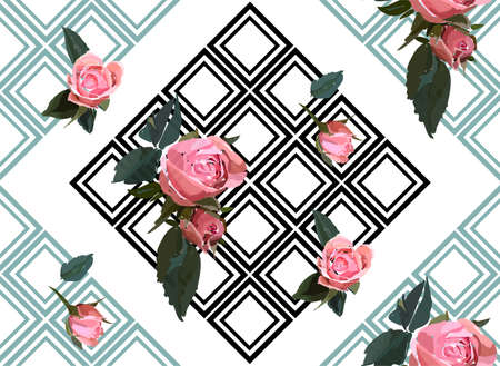 Floral seamless background pattern with gride. Watercolor pink garden roses in hand drawn style. Elegant flowers, vector illustration for textile, wrapping paper, wedding card.のイラスト素材