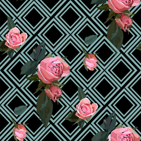 Floral seamless background pattern with gride. Watercolor pink garden roses in hand drawn style. Elegant flowers, vector illustration for textile, wrapping paper, wedding card.のイラスト素材