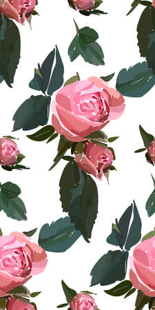 Floral seamless background pattern. Watercolor pink garden roses in hand drawn style.のイラスト素材