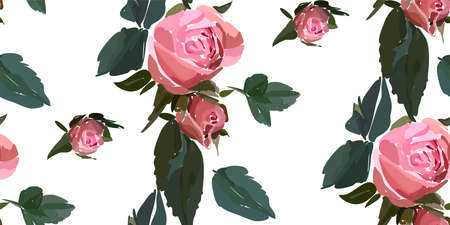Floral seamless background pattern. Watercolor pink garden roses in hand drawn style.のイラスト素材