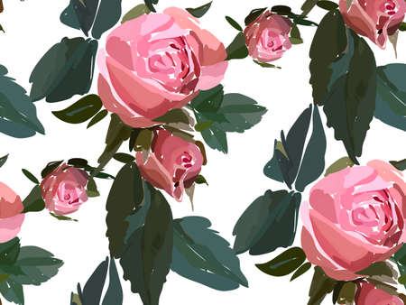 Floral seamless background pattern. Watercolor pink garden roses in hand drawn style. Elegant flowers, vector illustration for textile, wrapping paper, wedding card.のイラスト素材