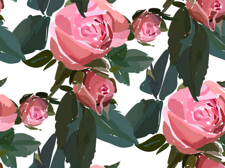 Floral seamless background pattern. Watercolor pink garden roses in hand drawn style.のイラスト素材