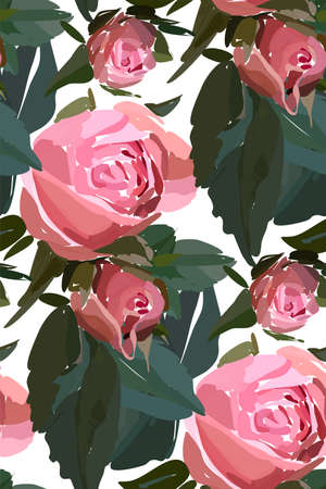 Floral seamless background pattern. Watercolor pink garden roses in hand drawn style. Elegant flowers, vector illustration for textile, wrapping paper, wedding card.のイラスト素材