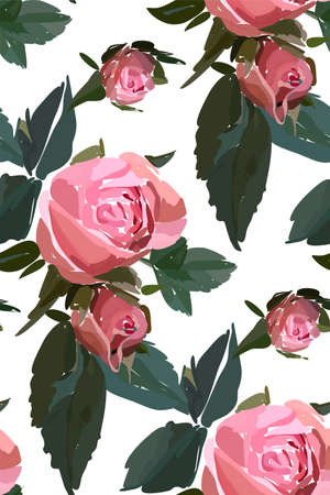 Floral seamless background pattern. Watercolor pink garden roses in hand drawn style. Elegant flowers, vector illustration for textile, wrapping paper, wedding card.のイラスト素材