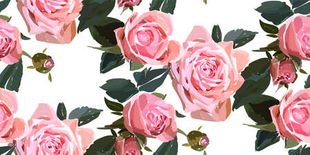 Floral seamless background pattern. Watercolor pink garden roses in hand drawn style. Elegant flowers, vector illustration for textile, wrapping paper, wedding card.のイラスト素材