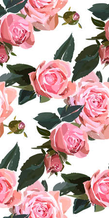Floral seamless background pattern. Watercolor pink garden roses in hand drawn style. Elegant flowers, vector illustration for textile, wrapping paper, wedding card.のイラスト素材