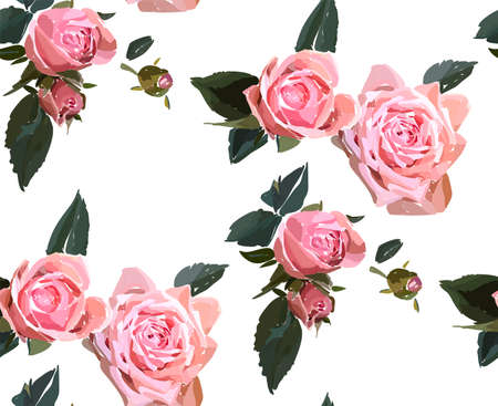 Floral seamless background pattern. Watercolor pink garden roses in hand drawn style. Elegant flowers, vector illustration for textile, wrapping paper, wedding card.のイラスト素材