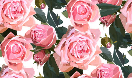 Floral seamless background pattern. Watercolor pink garden roses in hand drawn style. Elegant flowers, vector illustration for textile, wrapping paper, wedding card.のイラスト素材
