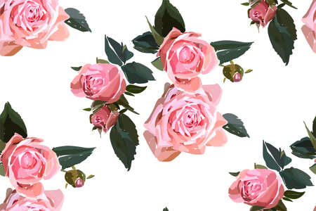 Floral seamless background pattern. Watercolor pink garden roses in hand drawn style. Elegant flowers, vector illustration for textile, wrapping paper, wedding card.のイラスト素材