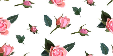 Floral seamless background pattern. Watercolor pink garden roses in hand drawn style. Elegant flowers, vector illustration for textile, wrapping paper, wedding card.のイラスト素材
