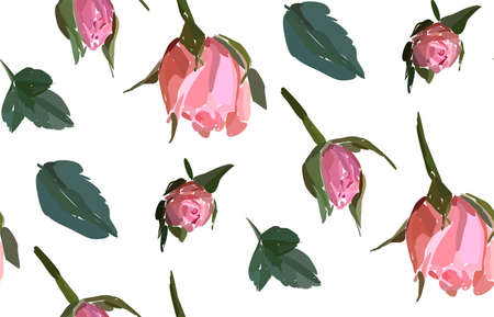 Floral seamless background pattern. Watercolor pink garden roses in hand drawn style. Elegant flowers, vector illustration for textile, wrapping paper, wedding card.のイラスト素材