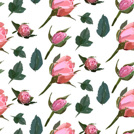 Floral seamless background pattern. Watercolor pink garden roses in hand drawn style. Elegant flowers, vector illustration for textile, wrapping paper, wedding card.のイラスト素材