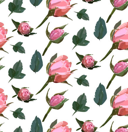 Floral seamless background pattern. Watercolor pink garden roses in hand drawn style. Elegant flowers, vector illustration for textile, wrapping paper, wedding card.のイラスト素材