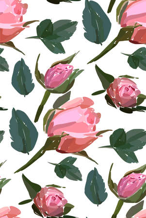 Floral seamless background pattern. Watercolor pink garden roses in hand drawn style. Elegant flowers, vector illustration for textile, wrapping paper, wedding card.のイラスト素材