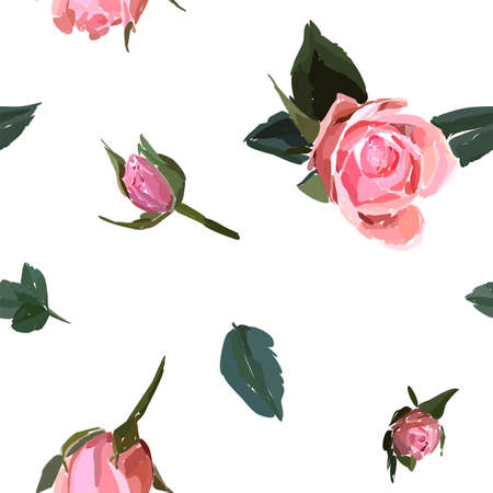 Floral seamless background pattern. Watercolor pink garden roses in hand drawn style. Elegant flowers, vector illustration for textile, wrapping paper, wedding card.のイラスト素材