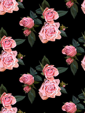 Floral seamless background pattern. Watercolor pink garden roses in hand drawn style. Vector illustration.のイラスト素材