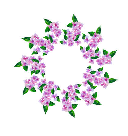 Lilac small flowers. Wreath of watercolor flowers hand painted. Round frame for invitation, wedding, birthday card. Vector illustration, isolated on white.のイラスト素材