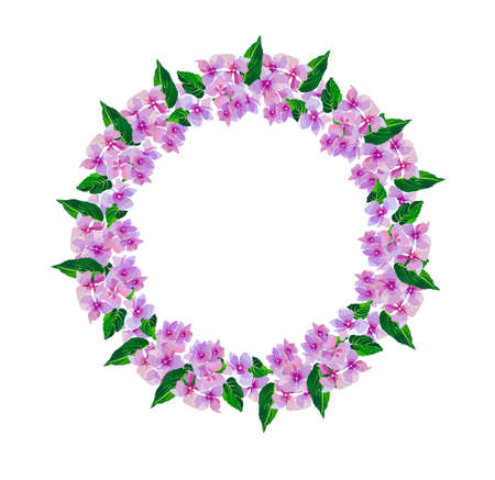 Lilac small flowers.Wreath of watercolor flowers hand painted. Round frame for invitation ,wedding, birthday card, vector illustration isolated on white.のイラスト素材