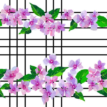 Lilac wild flowers seamless pattern. Small flowers and leaves hand drawn. Vector illustration for textile, wrapping, scrapbooking.のイラスト素材