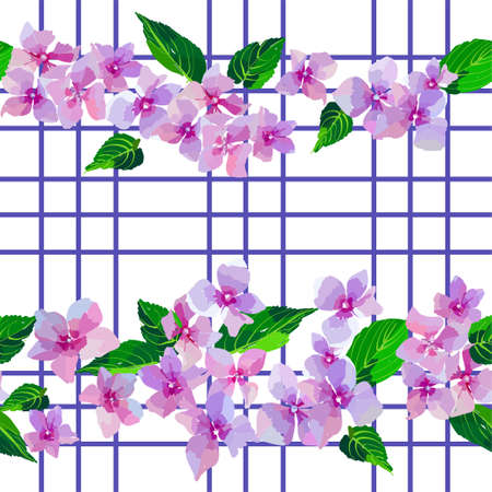 Lilac wild flowers seamless pattern. Small flowers and leaves hand drawn. Vector illustration for textile, wrapping, scrap booking.のイラスト素材