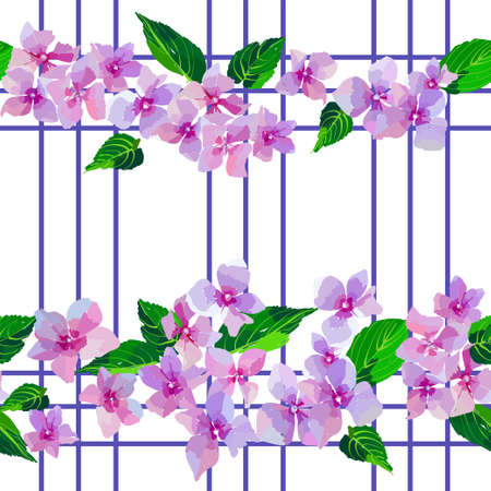 Lilac wild flowers seamless pattern. Small flowers and leaves hand drawn. Vector illustration for textile, wrapping, scrap booking.のイラスト素材