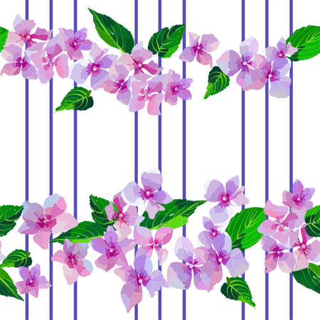 Lilac wild flowers seamless pattern. Small flowers and leaves hand drawn. Vector illustration for textile, wrapping, scrap booking.のイラスト素材