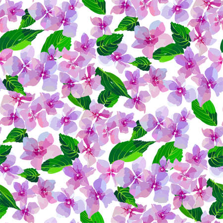 Lilac wild flowers seamless pattern. Small flowers and leaves hand drawn. Vector illustration for textile, wrapping, scrap booking.のイラスト素材