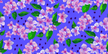 Lilac wild flowers seamless pattern. Small flowers and leaves hand drawn vector illustration for textile, wrapping, scrapbook.のイラスト素材