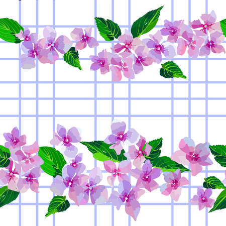 Lilac wild flowers seamless pattern. Small flowers and leaves hand drawn. Vector illustration for textile, wrapping, scrapbooking.のイラスト素材