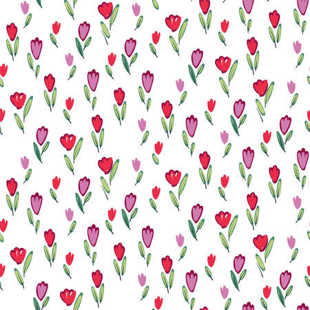 Garden tulips flowers seamless pattern. Botanical illustration in hand drawn style. Vector floral design for cosmetics, perfume products, textile prints, wedding cards.のイラスト素材
