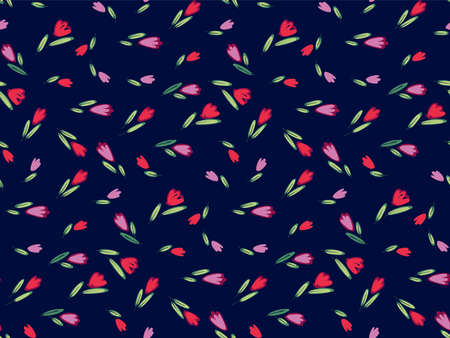 Garden tulips flowers seamless pattern. Botanical illustration in hand drawn style vector floral design for cosmetics, perfume products, textile prints, wedding cards.のイラスト素材