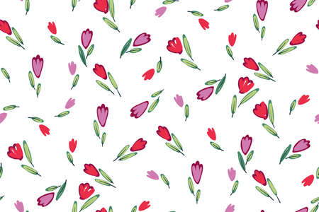 Garden tulips flowers seamless pattern. Botanical illustration in hand drawn style. Vector floral design for cosmetics, perfume products, textile prints, wedding cards.のイラスト素材
