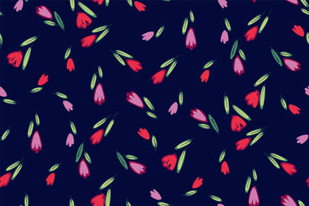 Garden tulips flowers seamless pattern. Botanical illustration in hand drawn style vector floral design for cosmetics, perfume products, textile prints, wedding cards.のイラスト素材