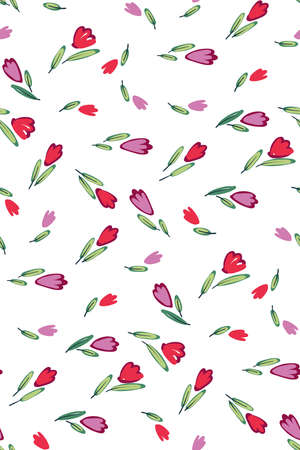 Garden tulips flowers seamless pattern. Botanical illustration in hand drawn style vector floral design for cosmetics, perfume products, textile prints, wedding cards.のイラスト素材