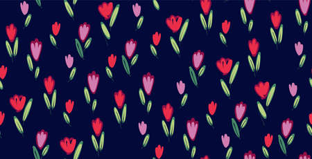 Garden tulips flowers seamless pattern. Botanical illustration in hand drawn style. Vector floral design for cosmetics, perfume products, textile prints, wedding cards.のイラスト素材
