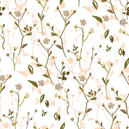 Floral design seamless pattern on white background. Summer wild flowers, leaves  and plant hand drawn on white background. Vector illustration for textile, wrapping, fabric prints, scrapbooking.のイラスト素材