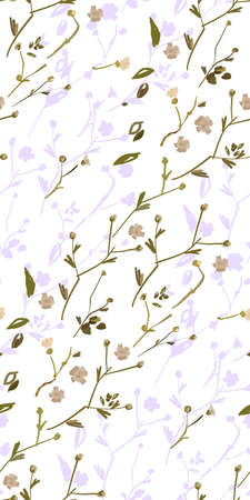 Floral design seamless pattern on white background. Summer wild flowers, leaves  and plant hand drawn on white background. Vector illustration for textile, wrapping, fabric prints, scrapbooking.のイラスト素材