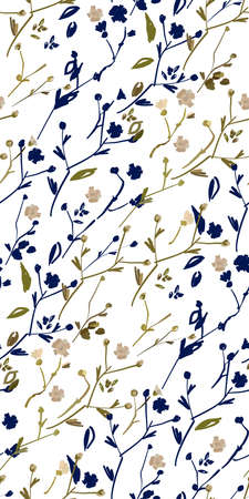 Floral design seamless pattern on white background. Summer wild flowers, leaves  and plant hand drawn on white background. Vector illustration for textile, wrapping, fabric prints, scrapbooking.のイラスト素材