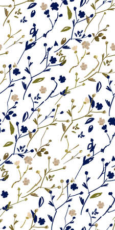 Floral design seamless pattern on white background. Summer wild flowers, leaves  and plant hand drawn on white background. Vector illustration for textile, wrapping, fabric prints, scrapbooking.のイラスト素材