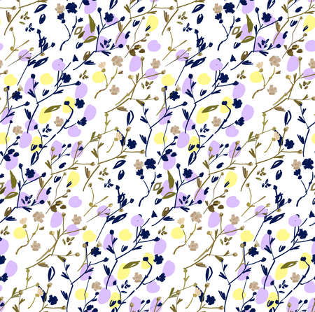 Floral design seamless pattern on white background. Summer wild flowers, leaves and plant hand drawn on white background vector illustration for textile, wrapping, fabric prints, scrapbook.のイラスト素材