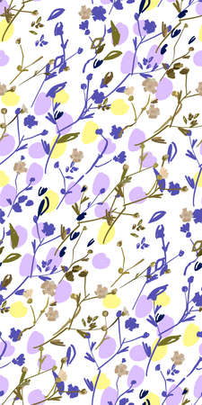 Floral design seamless pattern on white background. Summer wild flowers, leaves and plant hand drawn on white background vector illustration for textile, wrapping, fabric prints, scrapbook.のイラスト素材