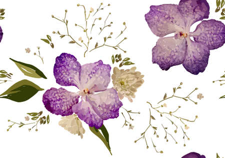 Floral design seamless pattern. Purple orchids with wild flowers, leaves  and plant hand drawn. Vector illustration for textile, wrapping, fabric prints, scrapbooking.のイラスト素材