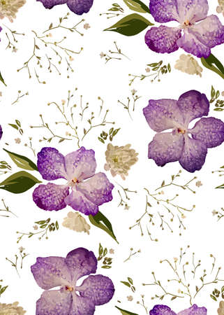 Floral design seamless pattern. Purple orchids with wild flowers, leaves  and plant hand drawn. Vector illustration for textile, wrapping, fabric prints, scrapbooking.のイラスト素材
