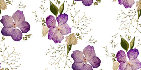 Floral design seamless pattern. Purple orchids with wild flowers, leaves  and plant hand drawn. Vector illustration for textile, wrapping, fabric prints, scrapbooking.のイラスト素材