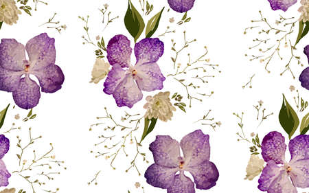Floral design seamless pattern. Purple orchids with wild flowers, leaves and plant hand drawn vector illustration for textile, wrapping, fabric prints, scrapbook.のイラスト素材