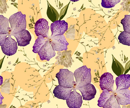 Floral design seamless pattern. Purple orchids with wild flowers, leaves and plant hand draw vector illustration for textile, wrapping, fabric prints, scrapbook.のイラスト素材