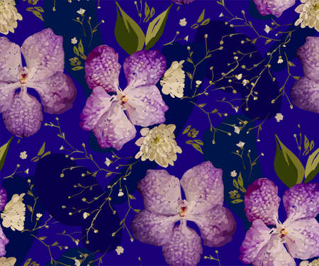 Floral design seamless pattern. Purple orchids with wild flowers, leaves  and plant hand drawn. Vector illustration for textile, wrapping, fabric prints, scrapbooking.のイラスト素材