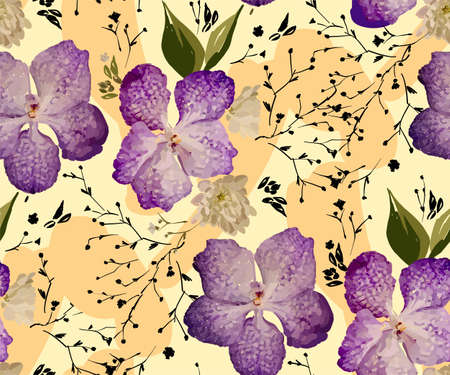 Floral design seamless pattern. Purple orchids with wild flowers, leaves  and plant hand drawn. Vector illustration for textile, wrapping, fabric prints, scrapbooking.のイラスト素材