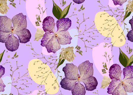 Floral design seamless pattern. Purple orchids with wild flowers, leaves  and plant hand drawn. Vector illustration for textile, wrapping, fabric prints, scrapbooking.のイラスト素材