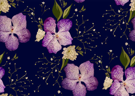 Floral design seamless pattern. Purple orchids with wild flowers, leaves and plant hand drawn vector illustration for textile, wrapping, fabric prints, scrapbook.のイラスト素材